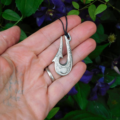 Maori Fish Hook Pendant Necklace (Engraved Design), Handcast Pewter Pendant on Adjustable Waxed Cord
