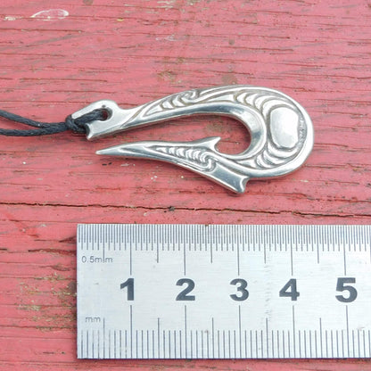 Maori Fish Hook Pendant Necklace (Engraved Design), Handcast Pewter Pendant on Adjustable Waxed Cord