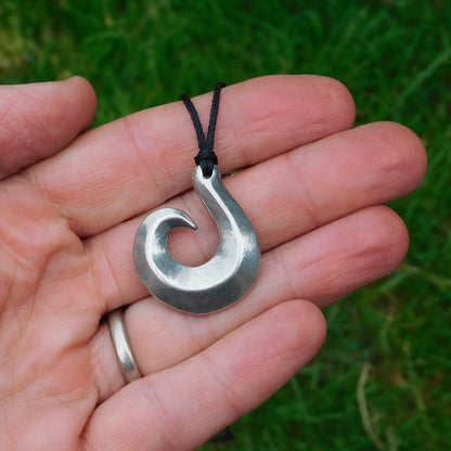 Fish Hook Pendant Necklace (Spiral Design), Maori-Inspired Handcast Pewter Pendant on Adjustable Waxed Cord