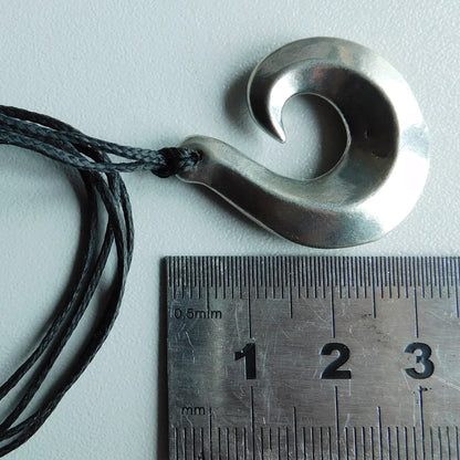 Fish Hook Pendant Necklace (Spiral Design), Maori-Inspired Handcast Pewter Pendant on Adjustable Waxed Cord