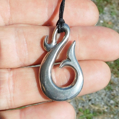Whale Tail Hook Pendant Necklace, Handcast Pewter Pendant on Adjustable Waxed Cord