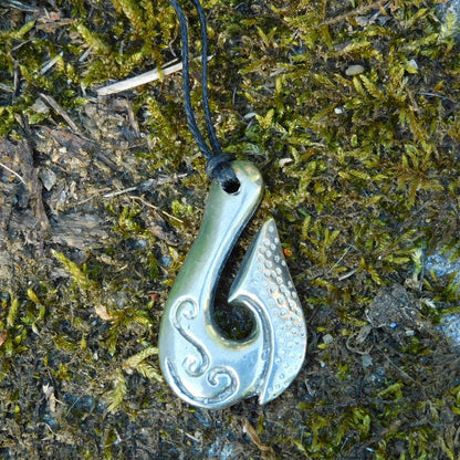 Maori Fish Hook Pendant Necklace (Koru Design), Handcast Pewter Pendant on Adjustable Waxed Cord