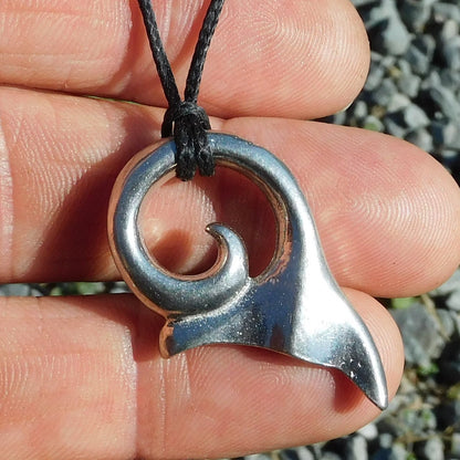 Whale Tail Pendant Necklace (Spiral Design), Handcast Pewter Pendant on Adjustable Waxed Cord
