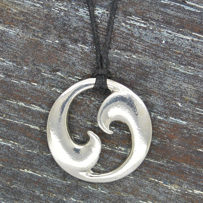 Twin Wave Pendant Necklace, Handcast Pewter on Adjustable Waxed Cord