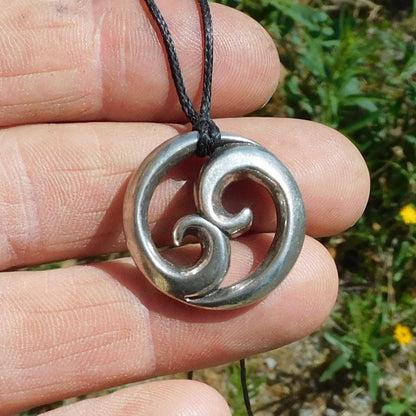 Chunky Twin Wave Pendant Necklace, Handcast Pewter on Adjustable Waxed Cord