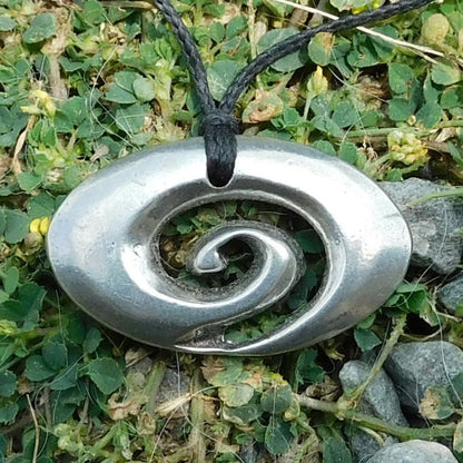 Oval  Koru Spiral Pendant Necklace, Handcast Pewter on Adjustable Waxed Cord