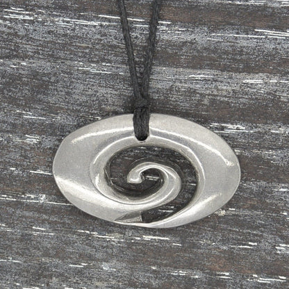 Oval  Koru Spiral Pendant Necklace, Handcast Pewter on Adjustable Waxed Cord