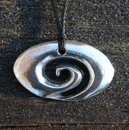 Oval  Koru Spiral Pendant Necklace, Handcast Pewter on Adjustable Waxed Cord