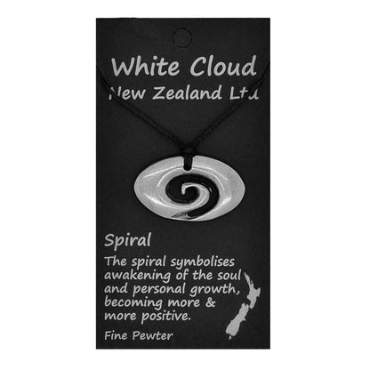 Oval  Koru Spiral Pendant Necklace, Handcast Pewter on Adjustable Waxed Cord