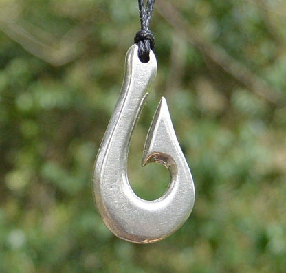 Maori Fish Hook Pendant Necklace (Minimalist Design), Handcast Pewter Pendant on Adjustable Waxed Cord