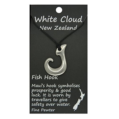 Maori Fish Hook Pendant Necklace (Minimalist Design), Handcast Pewter Pendant on Adjustable Waxed Cord