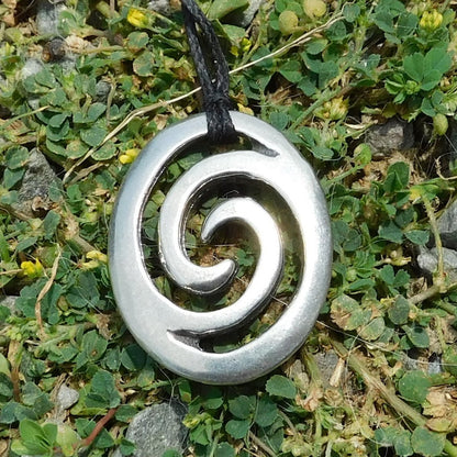 Oval Wave Pendant Necklace, Handcast Pewter on Adjustable Waxed Cord