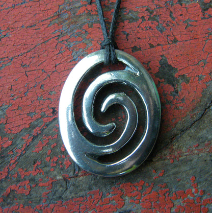 Oval Wave Pendant Necklace, Handcast Pewter on Adjustable Waxed Cord