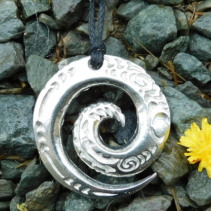 Spiral Pendant Necklace, Engraved Spiral Design, Handcast Pewter on Adjustable Waxed Cord