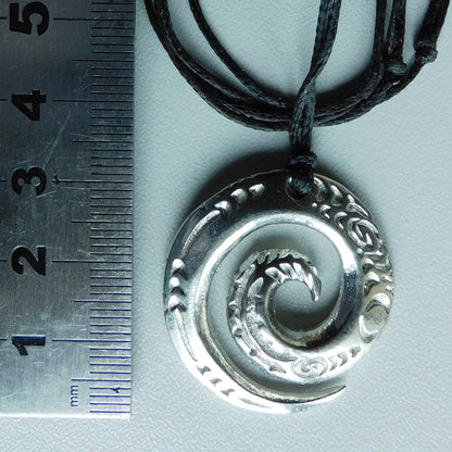 Spiral Pendant Necklace, Engraved Spiral Design, Handcast Pewter on Adjustable Waxed Cord