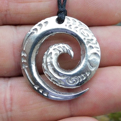Spiral Pendant Necklace, Engraved Spiral Design, Handcast Pewter on Adjustable Waxed Cord