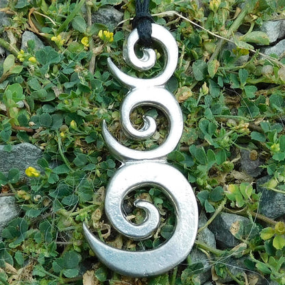 Triple Spiral Pendant Necklace, Handcast Pewter on Adjustable Waxed Cord