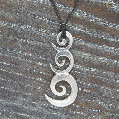 Triple Spiral Pendant Necklace, Handcast Pewter on Adjustable Waxed Cord