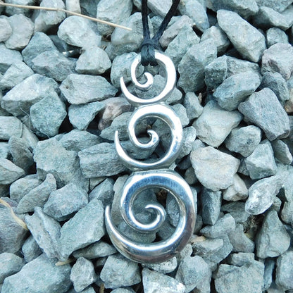 Triple Spiral Pendant Necklace (Rounded Design), Handcast Pewter Pendant on Adjustable Waxed Cord
