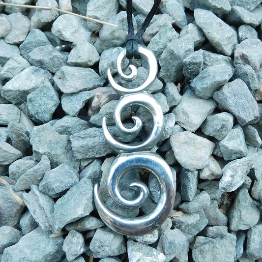 Triple Spiral Pendant Necklace (Rounded Design), Handcast Pewter Pendant on Adjustable Waxed Cord