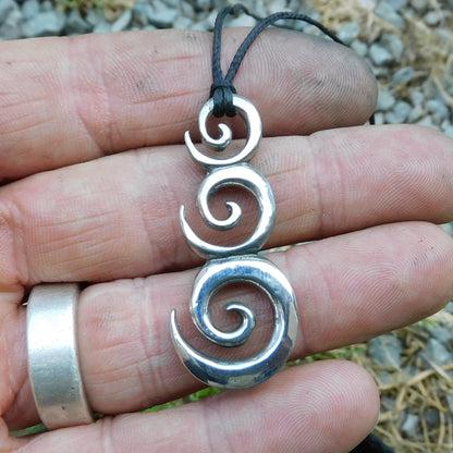 Triple Spiral Pendant Necklace (Rounded Design), Handcast Pewter Pendant on Adjustable Waxed Cord