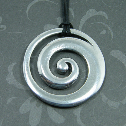 Koru Circle Pendant Necklace, Handcast Pewter on Adjustable Waxed Cord