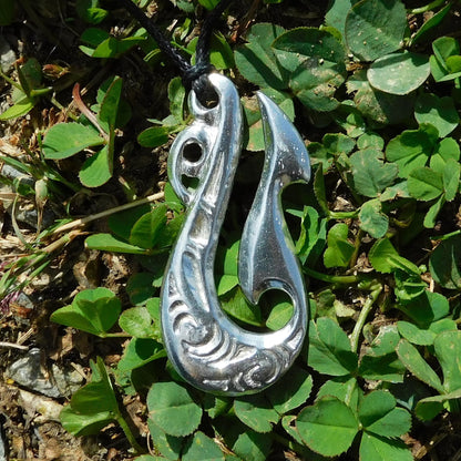 Curved Manaia Pendant Necklace, Handcast Pewter Pendant on Adjustable Waxed Cord