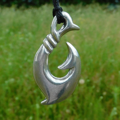 Maori Fish Hook Pendant Necklace (Bound Design), Handcast Pewter Pendant on Adjustable Waxed Cord