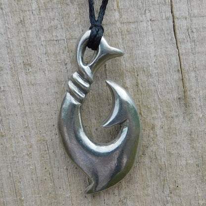 Maori Fish Hook Pendant Necklace (Bound Design), Handcast Pewter Pendant on Adjustable Waxed Cord
