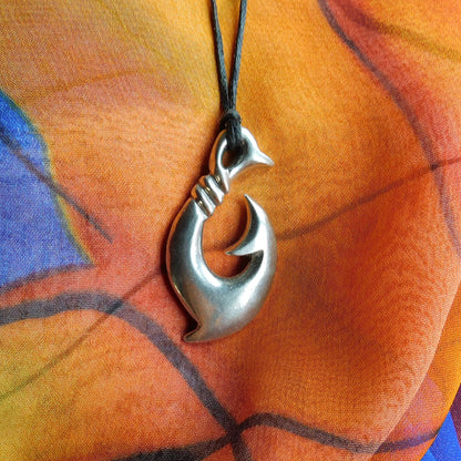 Maori Fish Hook Pendant Necklace (Bound Design), Handcast Pewter Pendant on Adjustable Waxed Cord