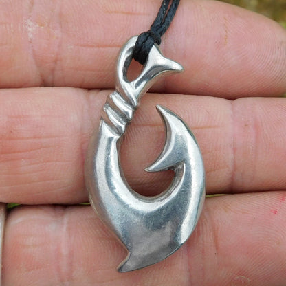 Maori Fish Hook Pendant Necklace (Bound Design), Handcast Pewter Pendant on Adjustable Waxed Cord