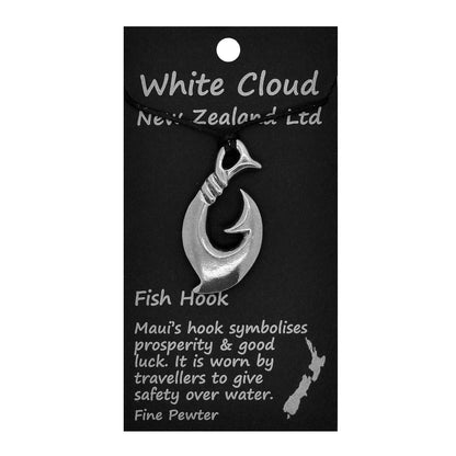 Maori Fish Hook Pendant Necklace (Bound Design), Handcast Pewter Pendant on Adjustable Waxed Cord