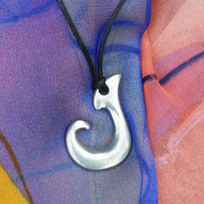 Maori Fish Hook Pendant Necklace (Classic J Design), Handcast Pewter Pendant on Adjustable Waxed Cord