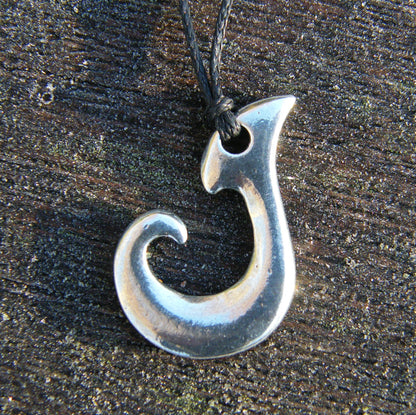 Maori Fish Hook Pendant Necklace (Classic J Design), Handcast Pewter Pendant on Adjustable Waxed Cord
