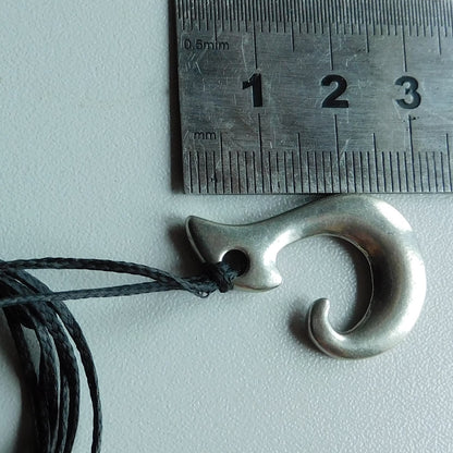 Maori Fish Hook Pendant Necklace (Classic J Design), Handcast Pewter Pendant on Adjustable Waxed Cord