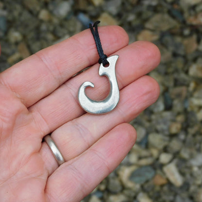 Maori Fish Hook Pendant Necklace (Classic J Design), Handcast Pewter Pendant on Adjustable Waxed Cord