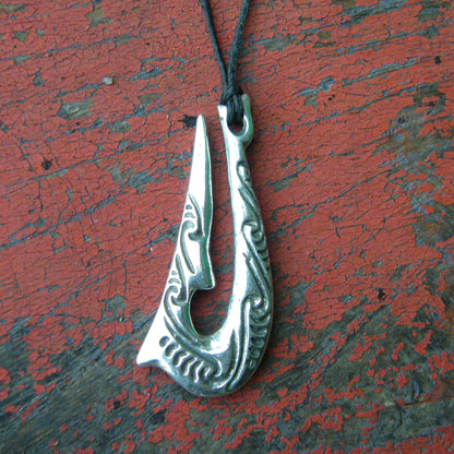 Maori Fish Hook Pendant Necklace (Kia Kaha Design), Handcast Pewter Pendant on Adjustable Waxed Cord