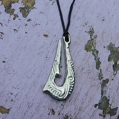 Maori Fish Hook Pendant Necklace (Kia Kaha Design), Handcast Pewter Pendant on Adjustable Waxed Cord