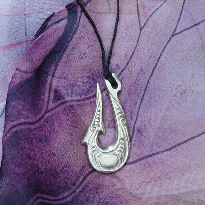 Maori Fish Hook Pendant Necklace (Engraved Design), Handcast Pewter Pendant on Adjustable Waxed Cord