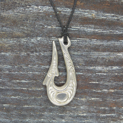 Maori Fish Hook Pendant Necklace (Engraved Design), Handcast Pewter Pendant on Adjustable Waxed Cord