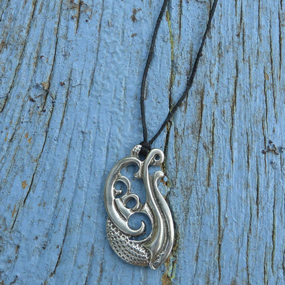 Engraved Manaia Pendant Necklace, Handcast Pewter Pendant on Adjustable Waxed Cord