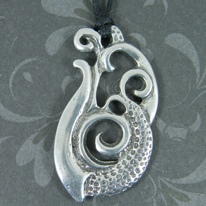 Engraved Manaia Pendant Necklace, Handcast Pewter Pendant on Adjustable Waxed Cord