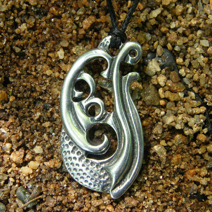 Engraved Manaia Pendant Necklace, Handcast Pewter Pendant on Adjustable Waxed Cord