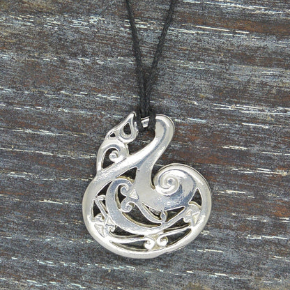 Manaia Fishhook Pendant Necklace, Handcast Pewter Pendant on Adjustable Waxed Cord