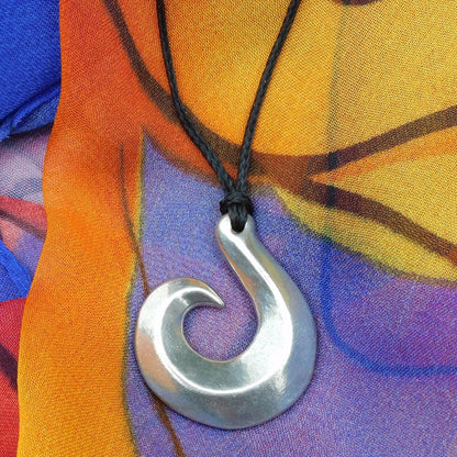 Fish Hook Pendant Necklace (Spiral Design), Maori-Inspired Handcast Pewter Pendant on Adjustable Waxed Cord