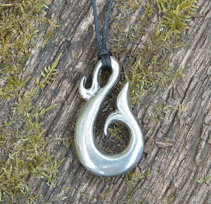 Whale Tail Hook Pendant Necklace, Handcast Pewter Pendant on Adjustable Waxed Cord
