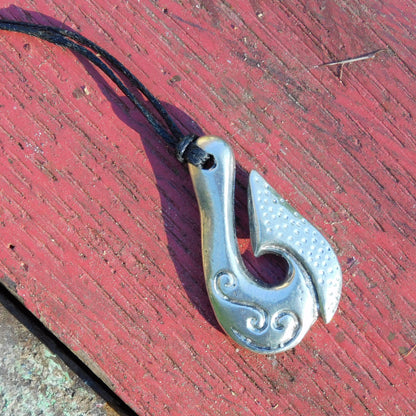 Maori Fish Hook Pendant Necklace (Koru Design), Handcast Pewter Pendant on Adjustable Waxed Cord