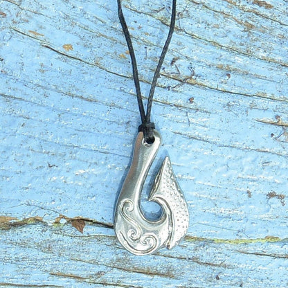 Maori Fish Hook Pendant Necklace (Koru Design), Handcast Pewter Pendant on Adjustable Waxed Cord