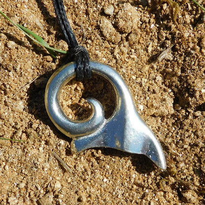Whale Tail Pendant Necklace (Spiral Design), Handcast Pewter Pendant on Adjustable Waxed Cord