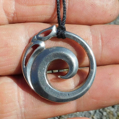 Spiral Manaia Pendant Necklace, Handcast Pewter Pendant on Adjustable Waxed Cord